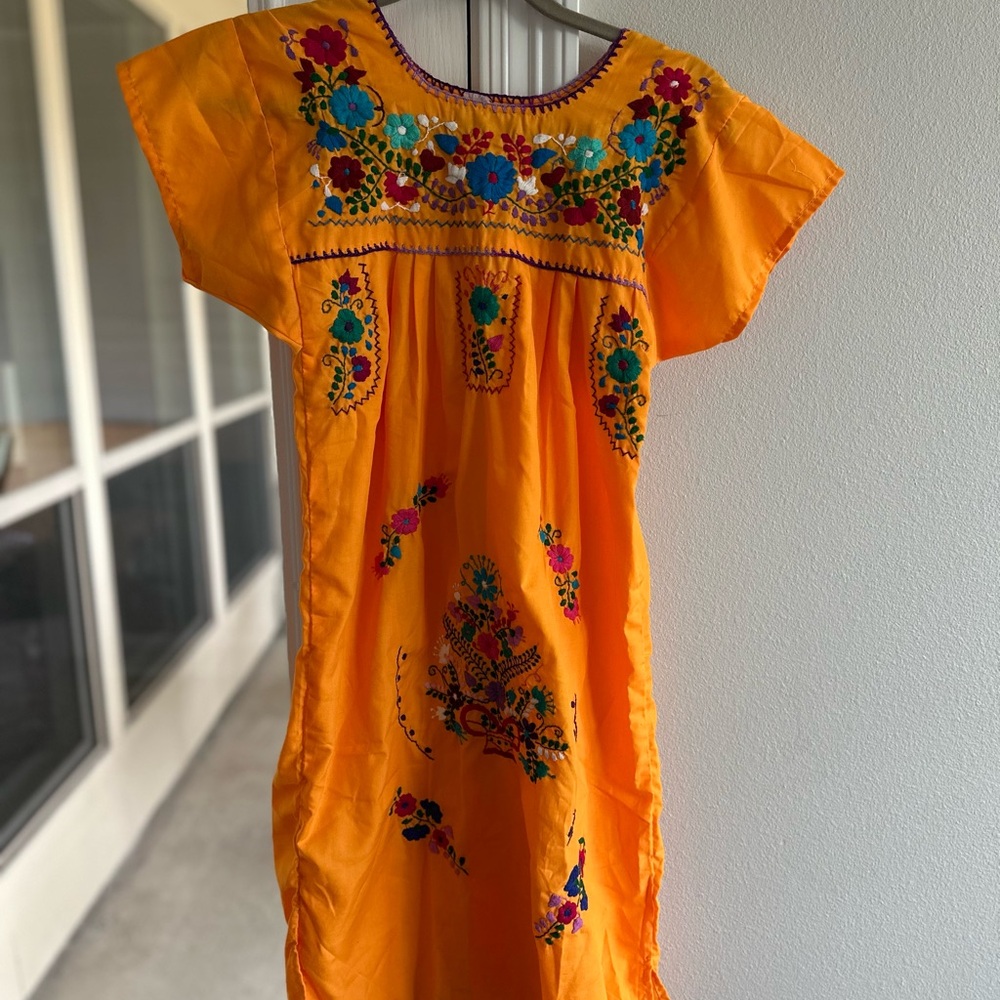 Vibrant Orange Embroidered Kids Mexican gown